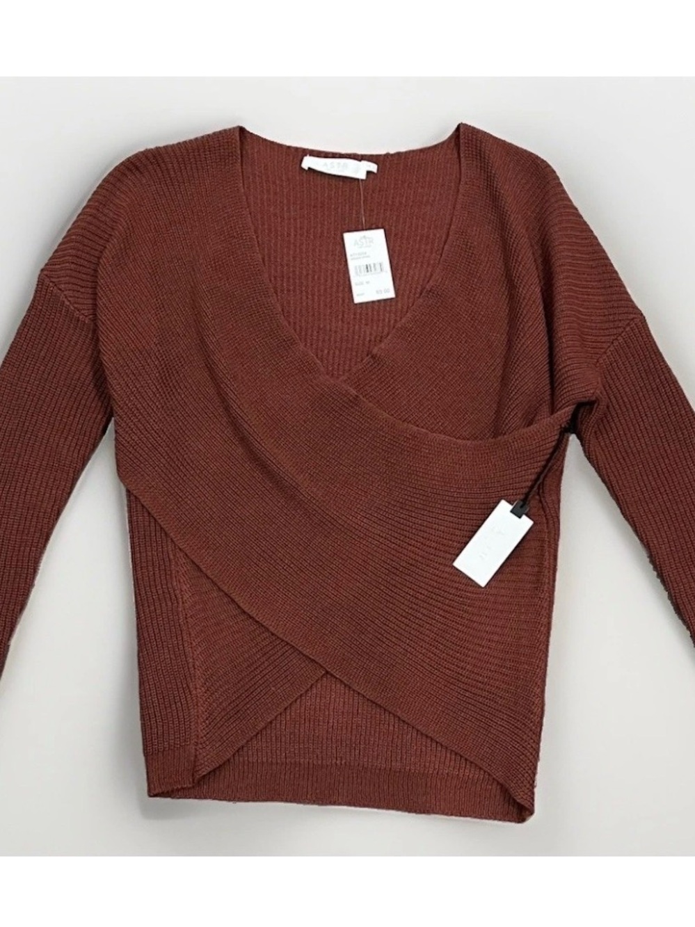 Astr Wrap-Front V-Neck Sweater in Rust